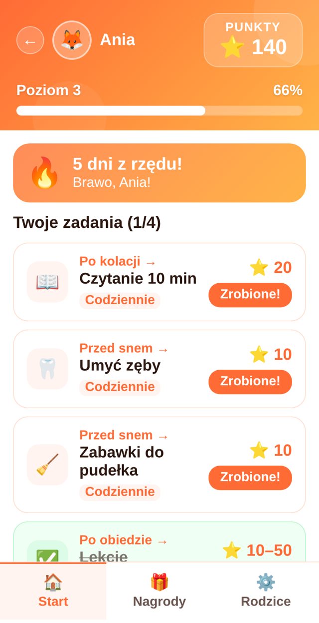 Aplikacja Zoria: zadania Ani na dziś, gwiazdki i poziom